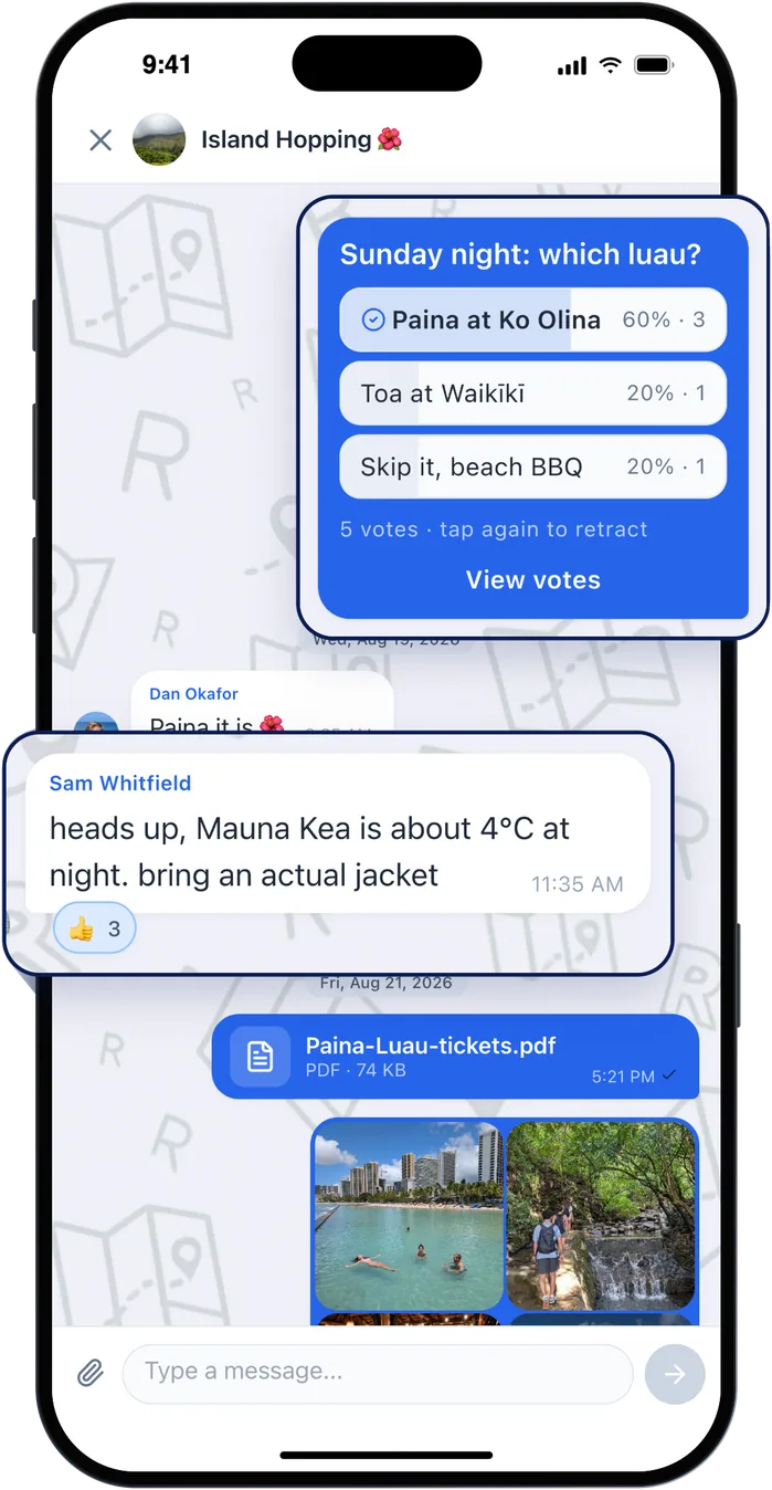The trip's group chat: a poll about Sunday night, a message about the weather on Mauna Kea, a ticket and photos