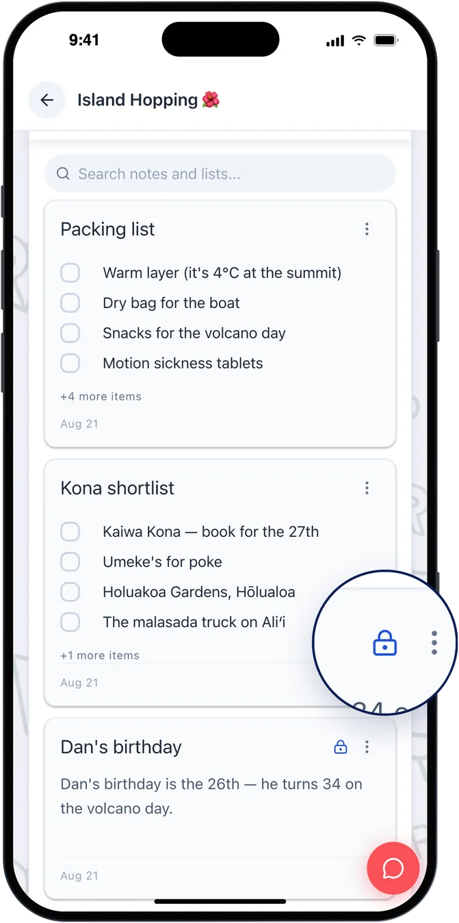 Shared packing lists and a shortlist in a Roamer trip, with a private note's lock