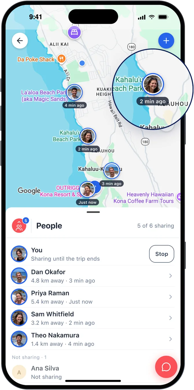Live location on the trip map: friends' photos pinned where they are, each with how long ago they updated