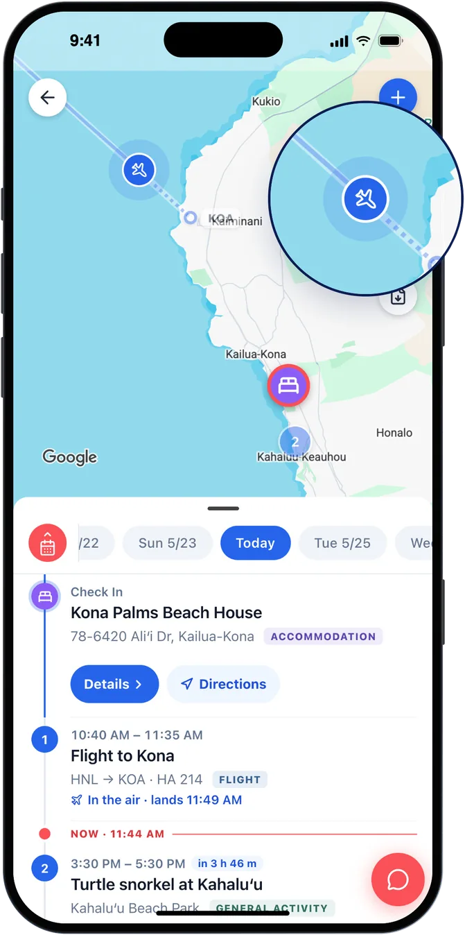 The trip's plans on a map: a flight to Kona in the air, the stay on the coast, and today's plans in order