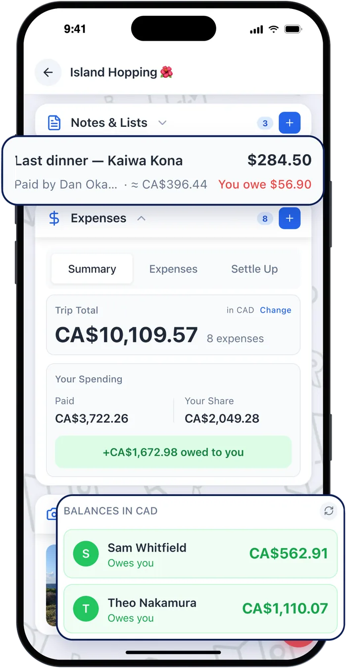 The trip's expenses: the total in Canadian dollars, your share, and who owes you, settled in two payments