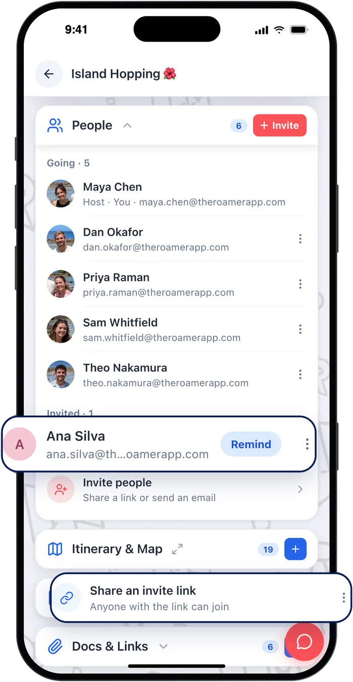 The people on a trip: who's going, who was invited, a Remind button, and Share an invite link