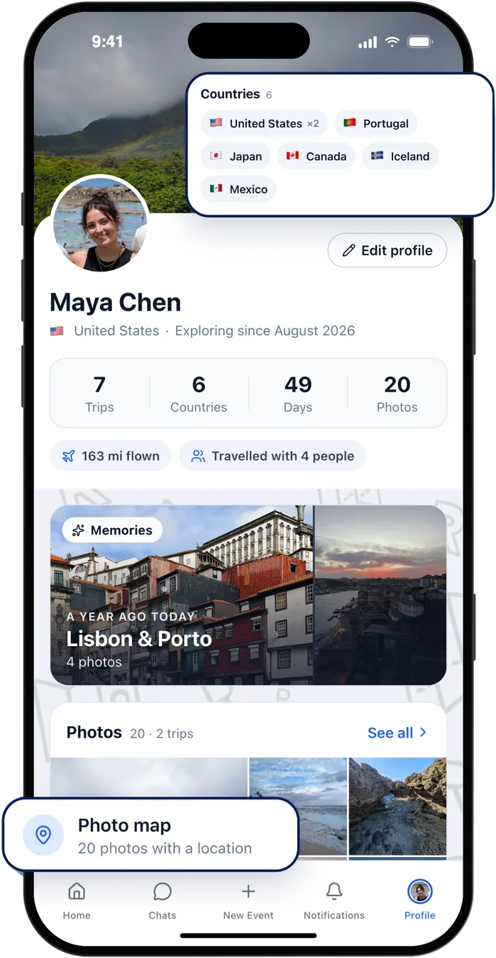 A Roamer profile: 7 trips, 6 countries, 49 days and 20 photos, with the countries list, a memory from a year ago and a photo map